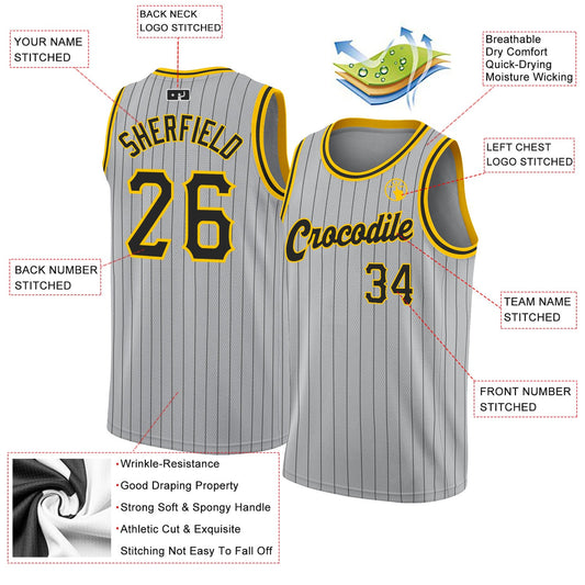 Custom Gray Black Pinstripe Black-Gold Authentic Basketball Jersey
