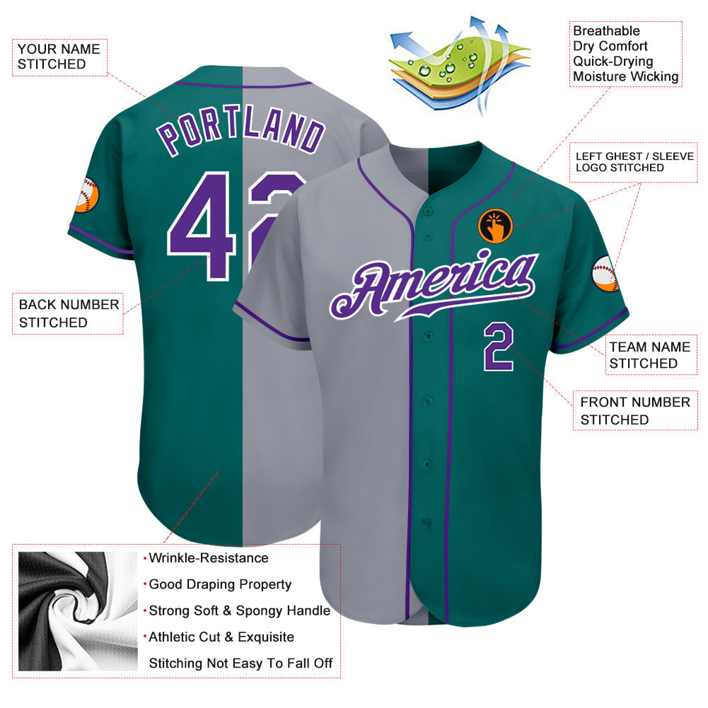 Custom Teal Purple-Gray Authentic Split Fashion Baseball Jersey