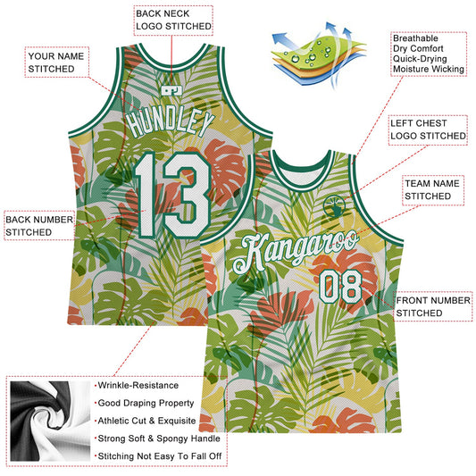 Custom White White-Kelly Green 3D Pattern Hawaii Palm Trees Authentic Basketball Jersey
