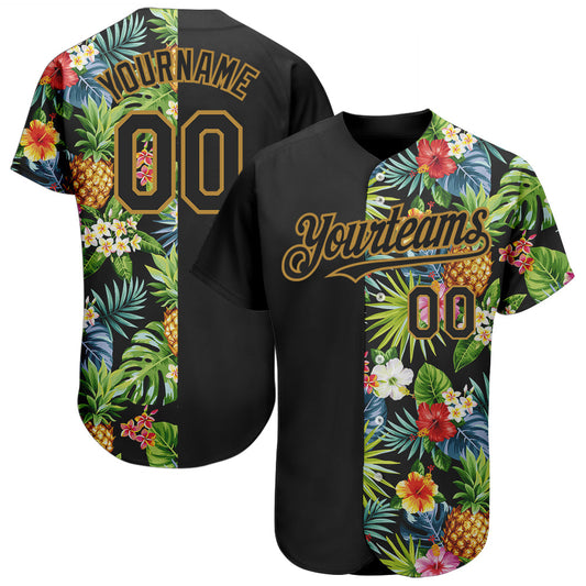 Custom Black Old Gold 3D Pattern Design Hawaii Tropical Pineapples. Palm Leaves And Flowers Authentic Baseball Jersey