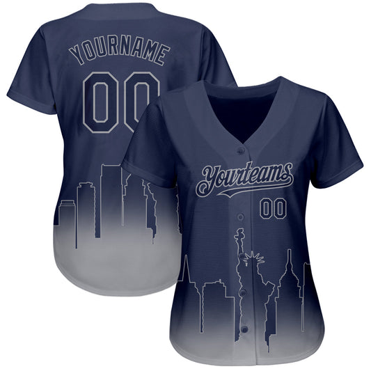 Custom Navy Gray 3D New York City Edition Fade Fasion Authentic Baseball Jersey