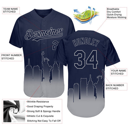 Custom Navy Gray 3D New York City Edition Fade Fasion Authentic Baseball Jersey