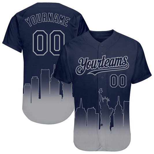 Custom Navy Gray 3D New York City Edition Fade Fasion Authentic Baseball Jersey