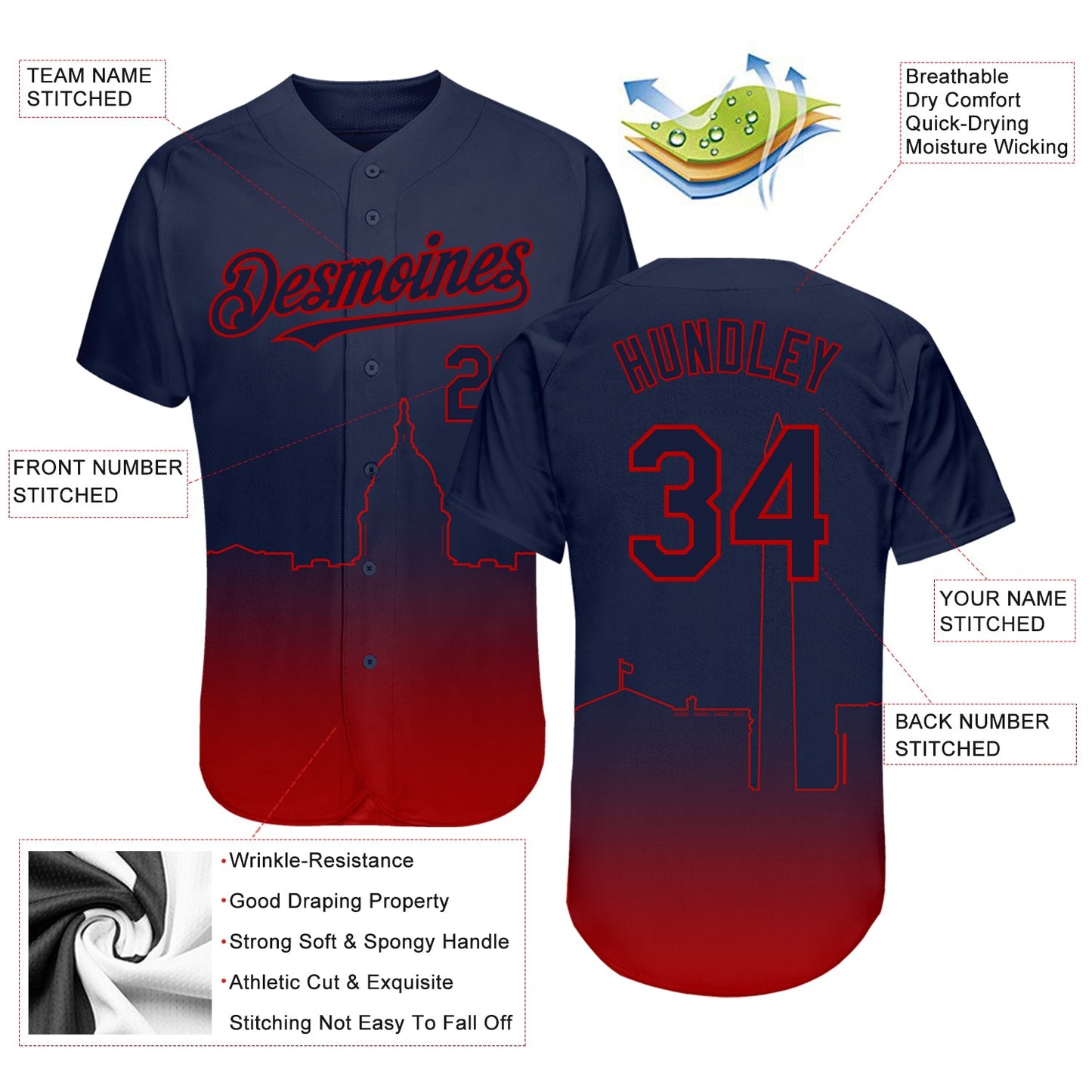Custom Navy Red 3D Washington City Edition Fade Fasion Authentic Baseball Jersey