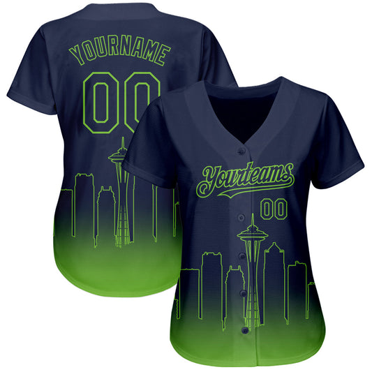 Custom Navy Neon Green 3D Seattle City Edition Fade Fasion Authentic Baseball Jersey