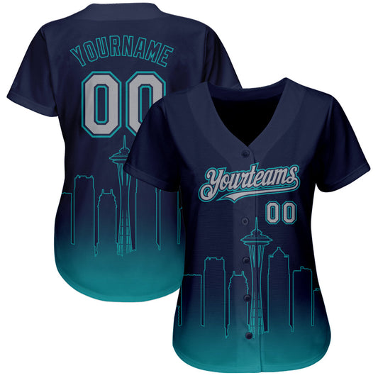 Custom Navy Gray-Teal 3D Seattle City Edition Fade Fasion Authentic Baseball Jersey