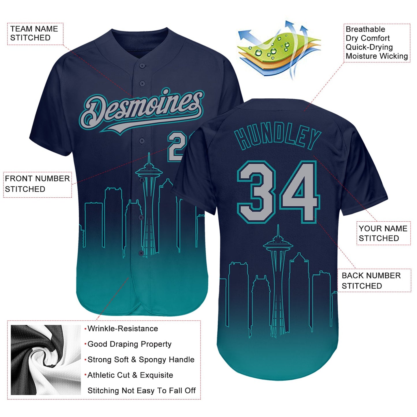Custom Navy Gray-Teal 3D Seattle City Edition Fade Fasion Authentic Baseball Jersey