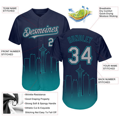 Custom Navy Gray-Teal 3D Seattle City Edition Fade Fasion Authentic Baseball Jersey