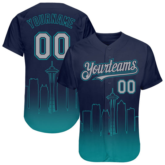 Custom Navy Gray-Teal 3D Seattle City Edition Fade Fasion Authentic Baseball Jersey