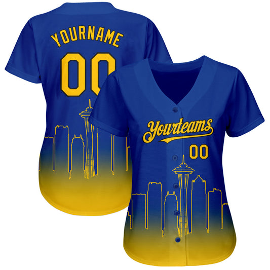 Custom Royal Yellow-Black 3D Seattle City Edition Fade Fasion Authentic Baseball Jersey