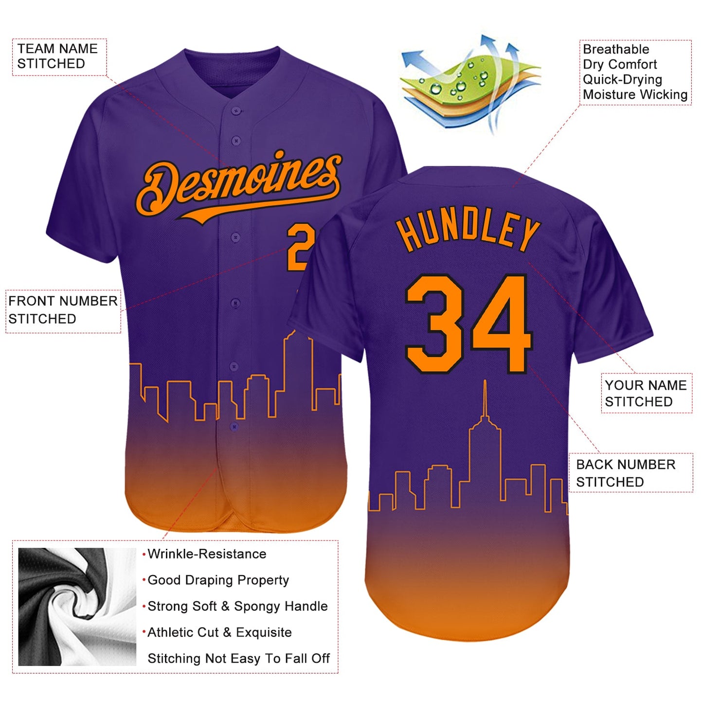 Custom Purple Bay Orange-Black 3D Phoenix City Edition Fade Fasion Authentic Baseball Jersey