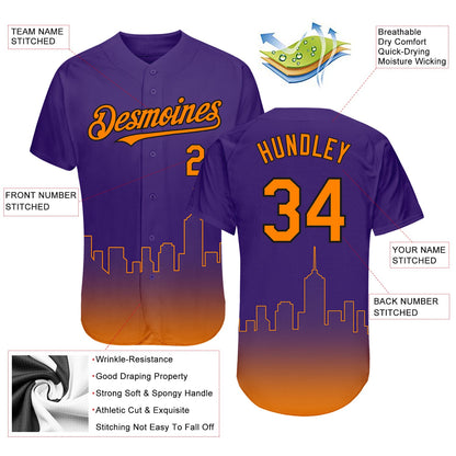 Custom Purple Bay Orange-Black 3D Phoenix City Edition Fade Fasion Authentic Baseball Jersey