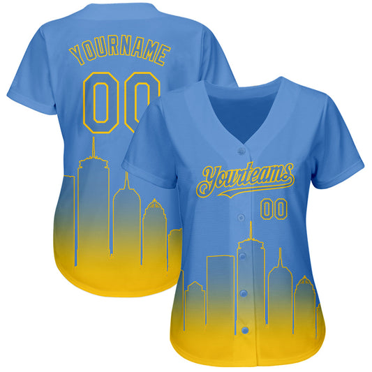 Custom Light Blue Yellow 3D Boston City Edition Fade Fasion Authentic Baseball Jersey
