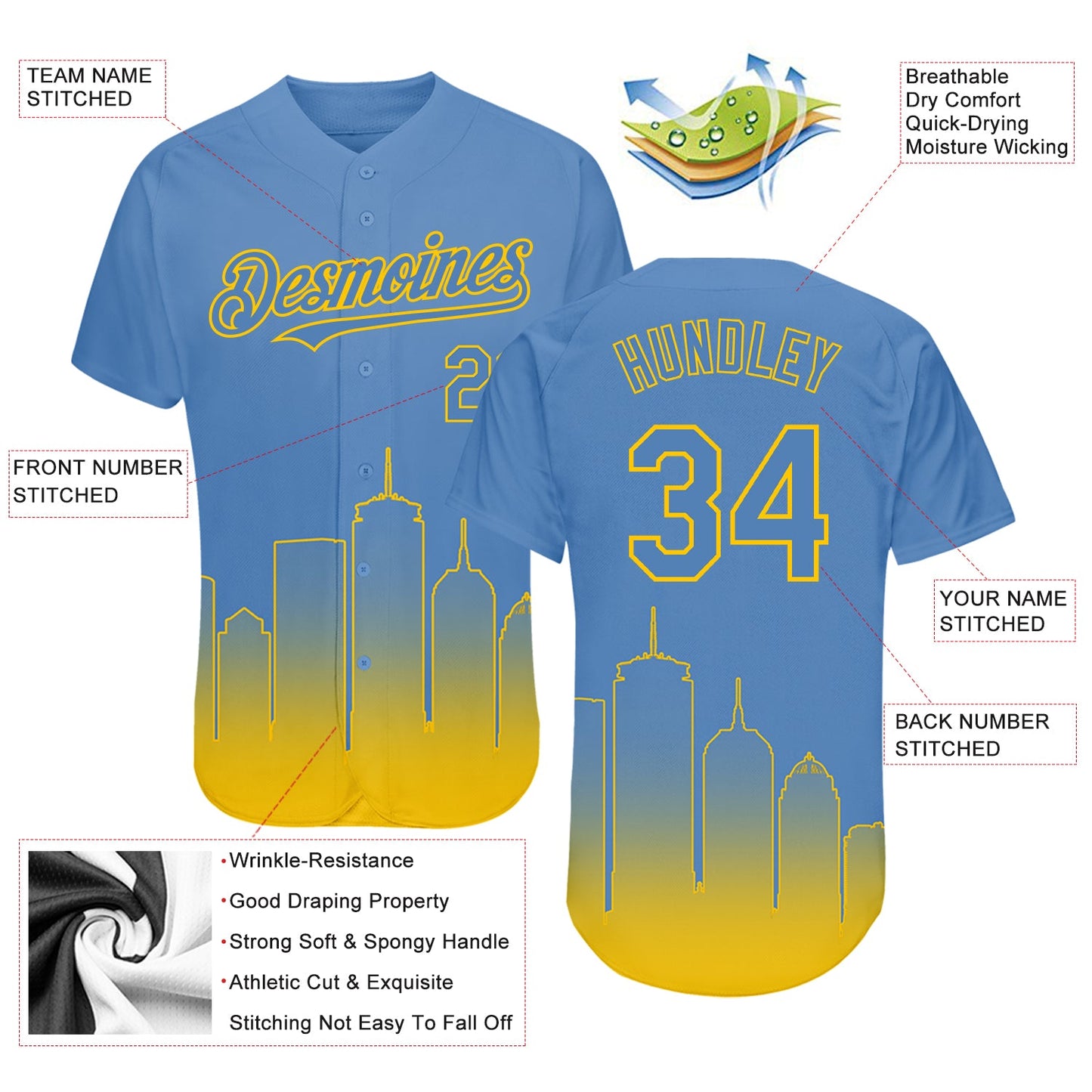 Custom Light Blue Yellow 3D Boston City Edition Fade Fasion Authentic Baseball Jersey