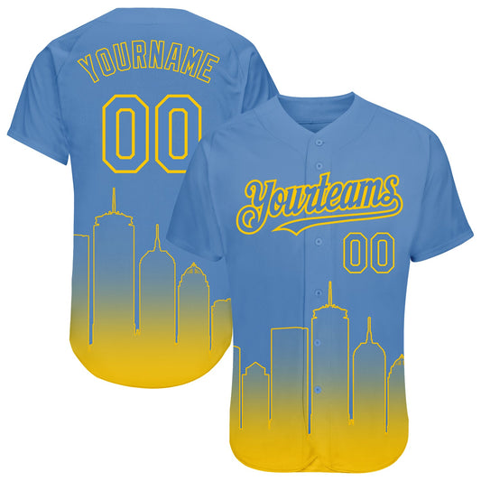 Custom Light Blue Yellow 3D Boston City Edition Fade Fasion Authentic Baseball Jersey