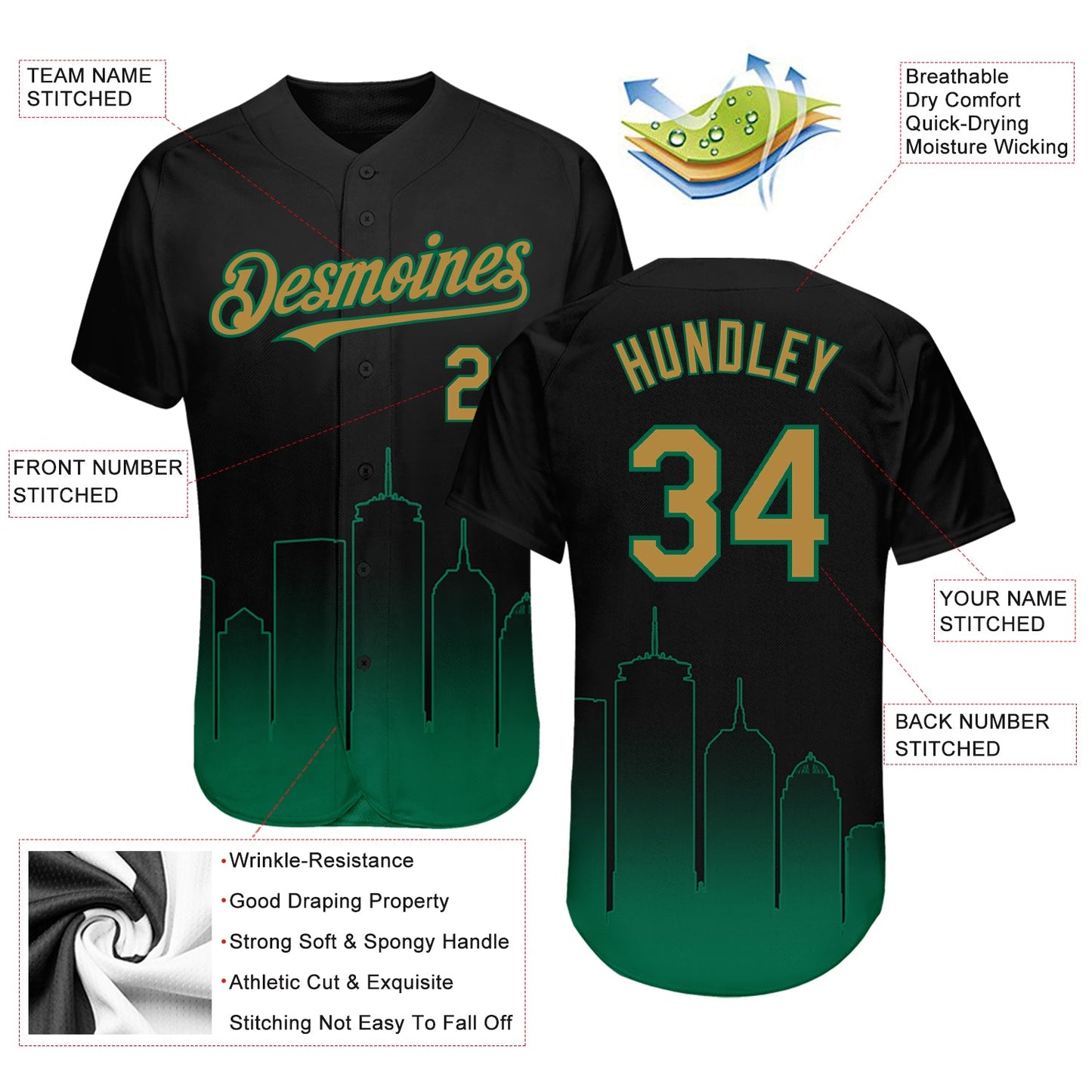 Custom Black Old Gold-Kelly Green 3D Boston City Edition Fade Fasion Authentic Baseball Jersey