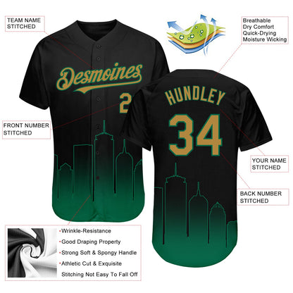 Custom Black Old Gold-Kelly Green 3D Boston City Edition Fade Fasion Authentic Baseball Jersey