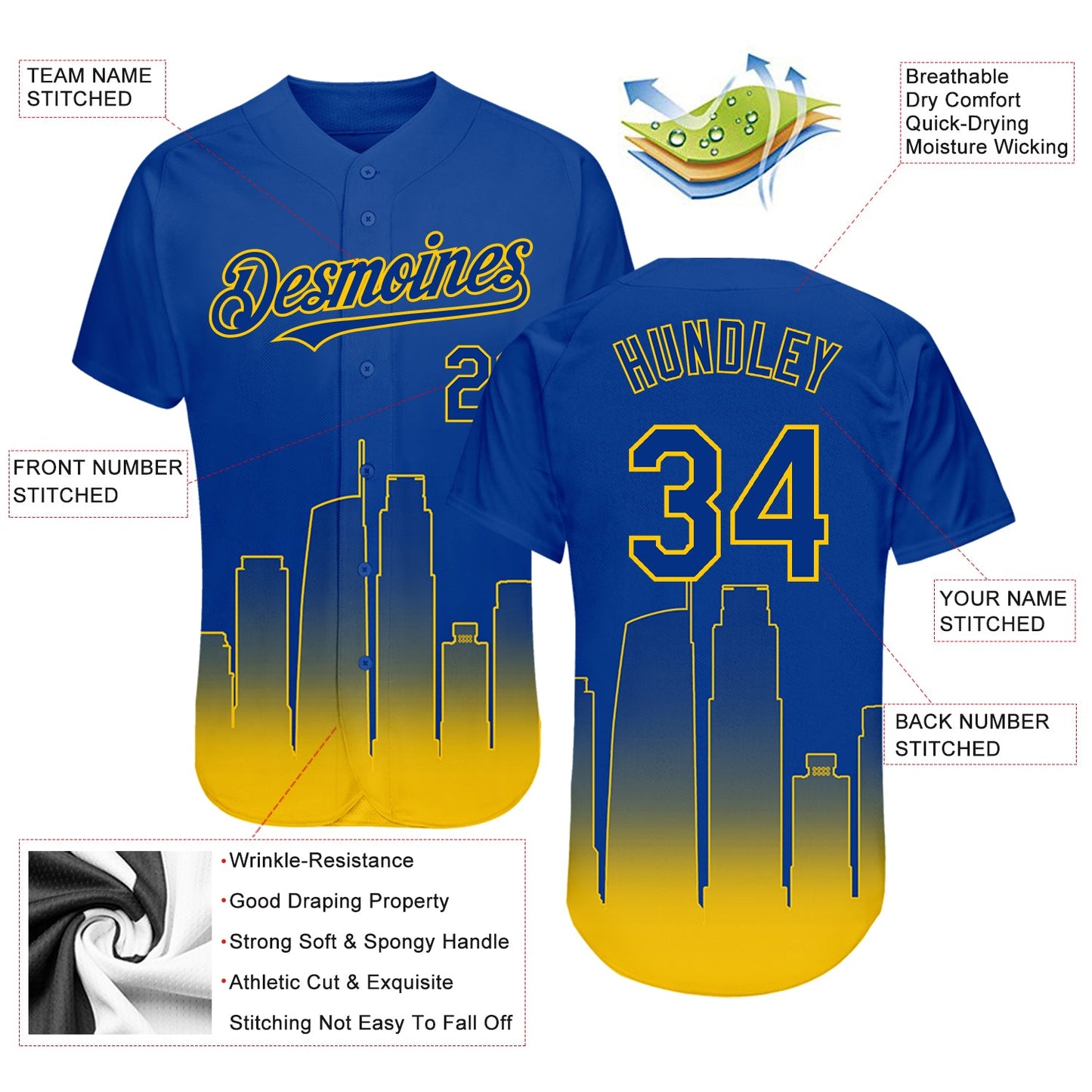 Custom Royal Yellow 3D Los Angeles City Edition Fade Fasion Authentic Baseball Jersey