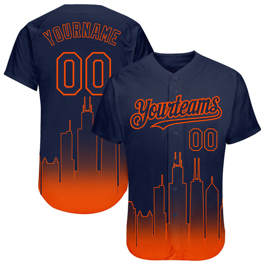 Custom Navy Orange 3D Chicago City Edition Fade Fasion Authentic Baseball Jersey
