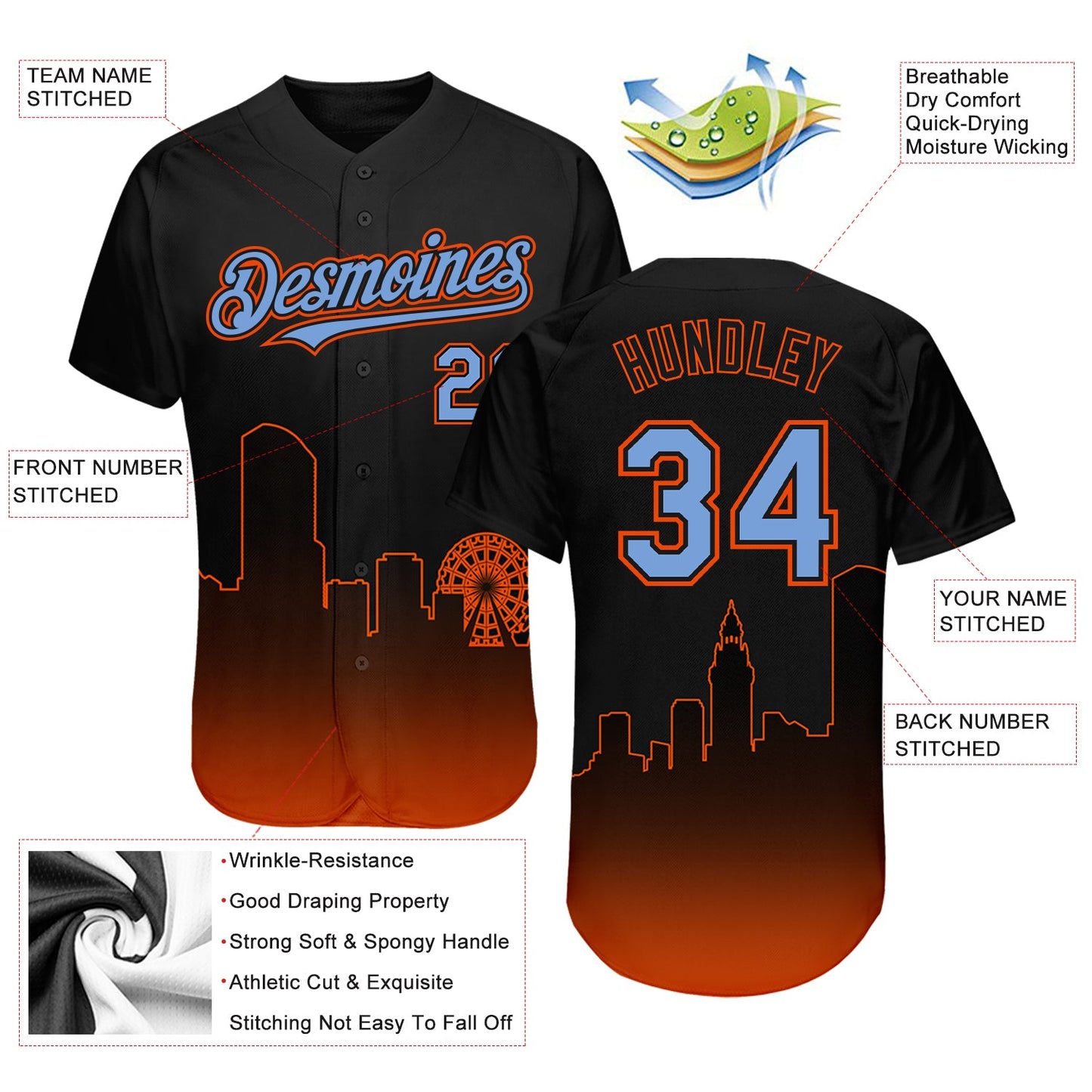 Custom Black Powder Blue-Orange 3D Miami City Edition Fade Fasion Authentic Baseball Jersey