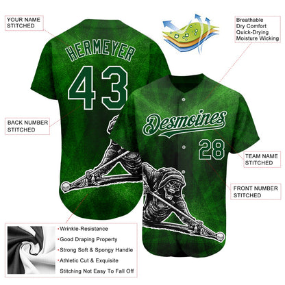 Custom Green White 3D Pattern Design A Skeleton Playing Billiards While Drinking A Beer Authentic Baseball Jersey