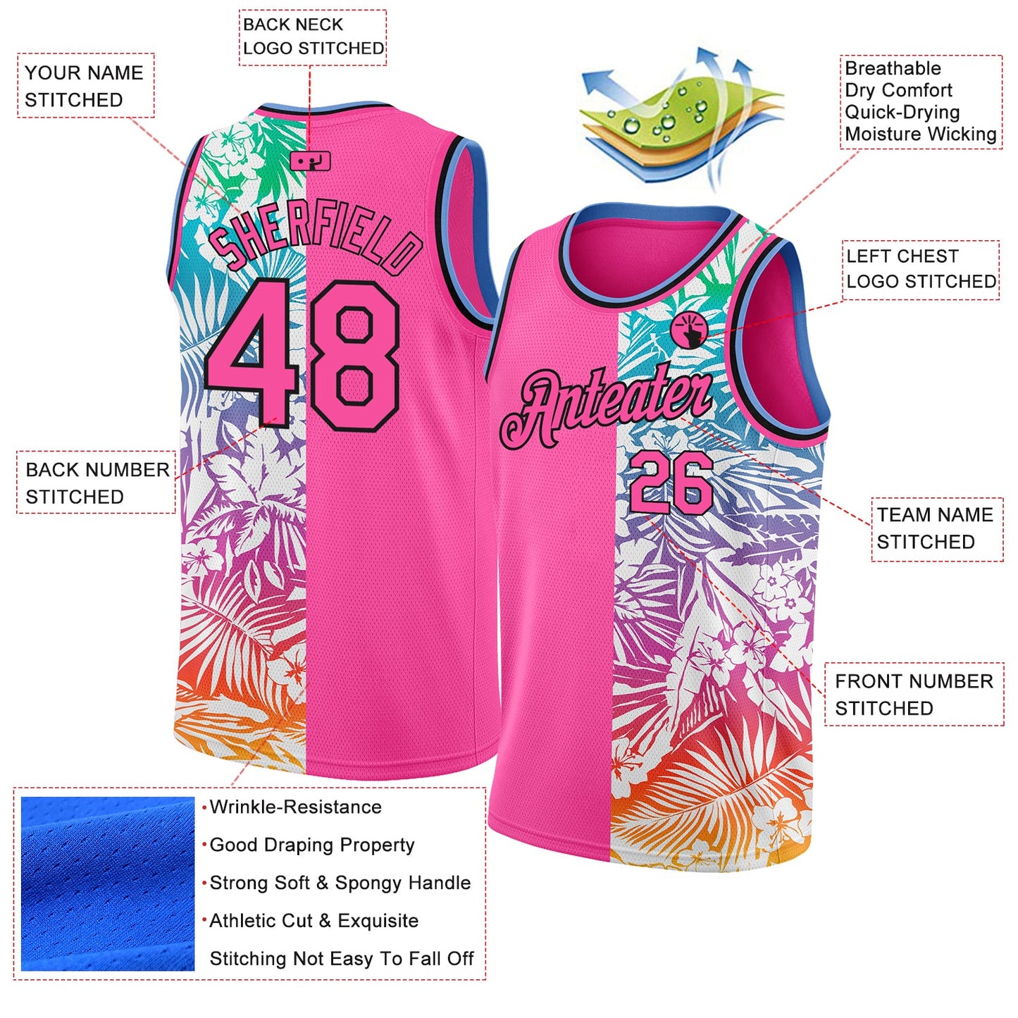 Custom Pink Black 3D PatternTropical Hawaii Palm Leaves Authentic Basketball Jersey