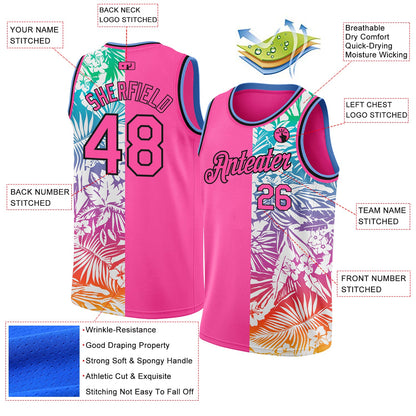 Custom Pink Black 3D PatternTropical Hawaii Palm Leaves Authentic Basketball Jersey