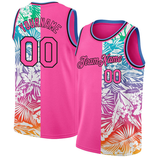 Custom Pink Black 3D PatternTropical Hawaii Palm Leaves Authentic Basketball Jersey