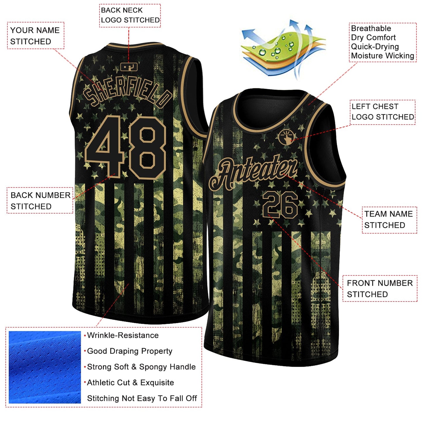 Custom Camo Black-Old Gold 3D American Flag Fashion Authentic Salute To Service Basketball Jersey