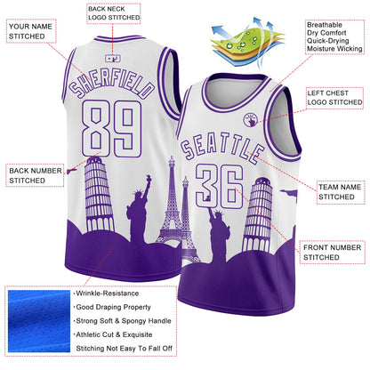 Custom White Purple Holiday Travel Monuments Silhouette Authentic City Edition Basketball Jersey