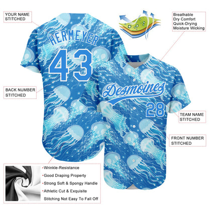 Custom Electric Blue White 3D Pattern Design Jellyfish Authentic Baseball Jersey