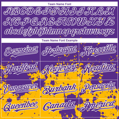 Custom Purple Gold-White 3D Pattern Design Abstract Splash Grunge Art Authentic Baseball Jersey