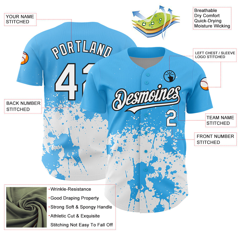 Custom Sky Blue White-Black 3D Pattern Design Abstract Splash Grunge Art Authentic Baseball Jersey