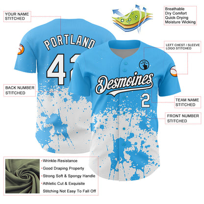 Custom Sky Blue White-Black 3D Pattern Design Abstract Splash Grunge Art Authentic Baseball Jersey