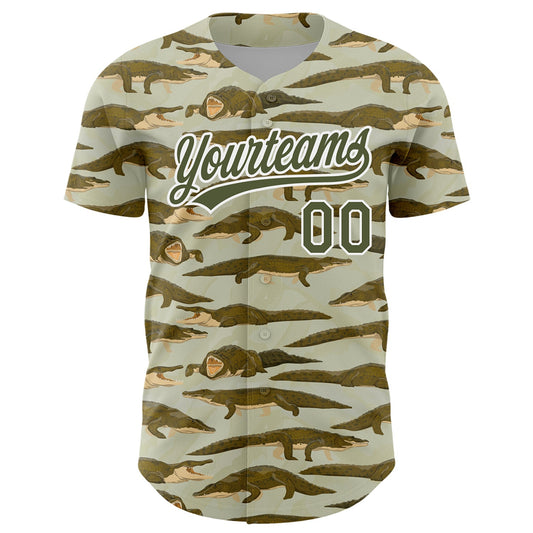 Custom Olive White 3D Pattern Design Crocodile And Plant Authentic Baseball Jersey