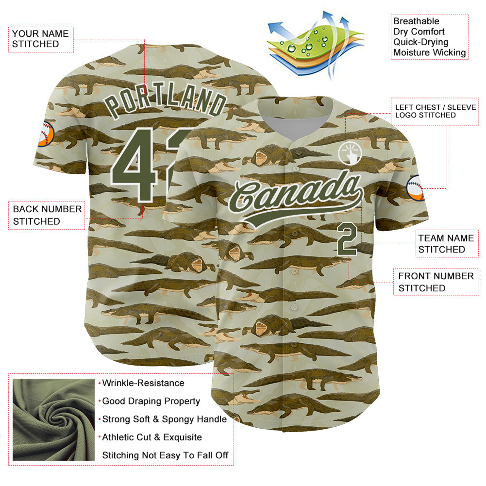 Custom Olive White 3D Pattern Design Crocodile And Plant Authentic Baseball Jersey