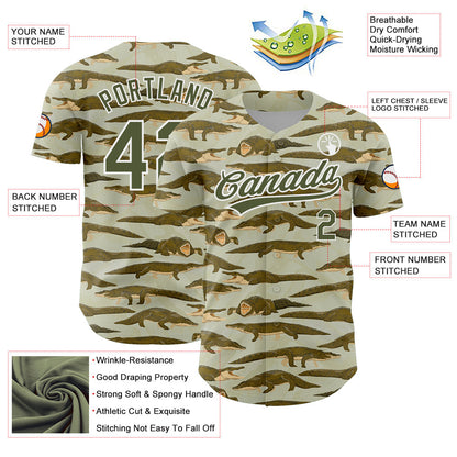 Custom Olive White 3D Pattern Design Crocodile And Plant Authentic Baseball Jersey