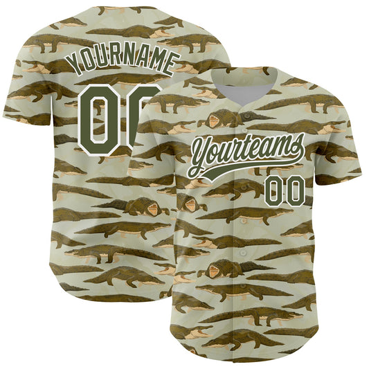 Custom Olive White 3D Pattern Design Crocodile And Plant Authentic Baseball Jersey