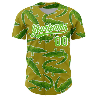 Custom Olive Aurora Green-White 3D Pattern Design Crocodile And Plant Authentic Baseball Jersey
