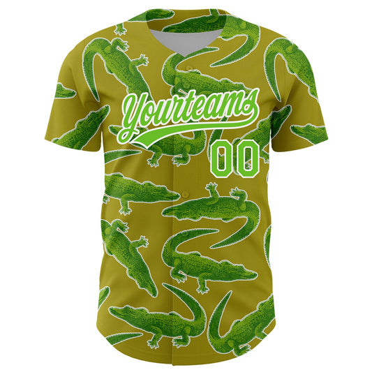 Custom Olive Aurora Green-White 3D Pattern Design Crocodile And Plant Authentic Baseball Jersey