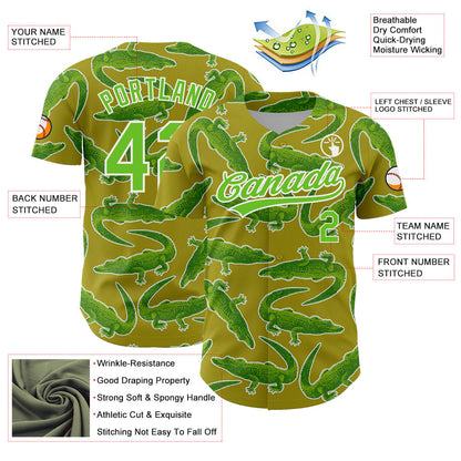 Custom Olive Aurora Green-White 3D Pattern Design Crocodile And Plant Authentic Baseball Jersey