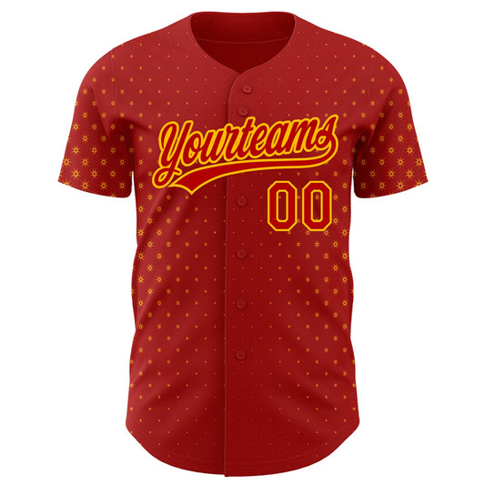 Custom Red Gold 3D Pattern Design Geometric Stars Authentic Baseball Jersey