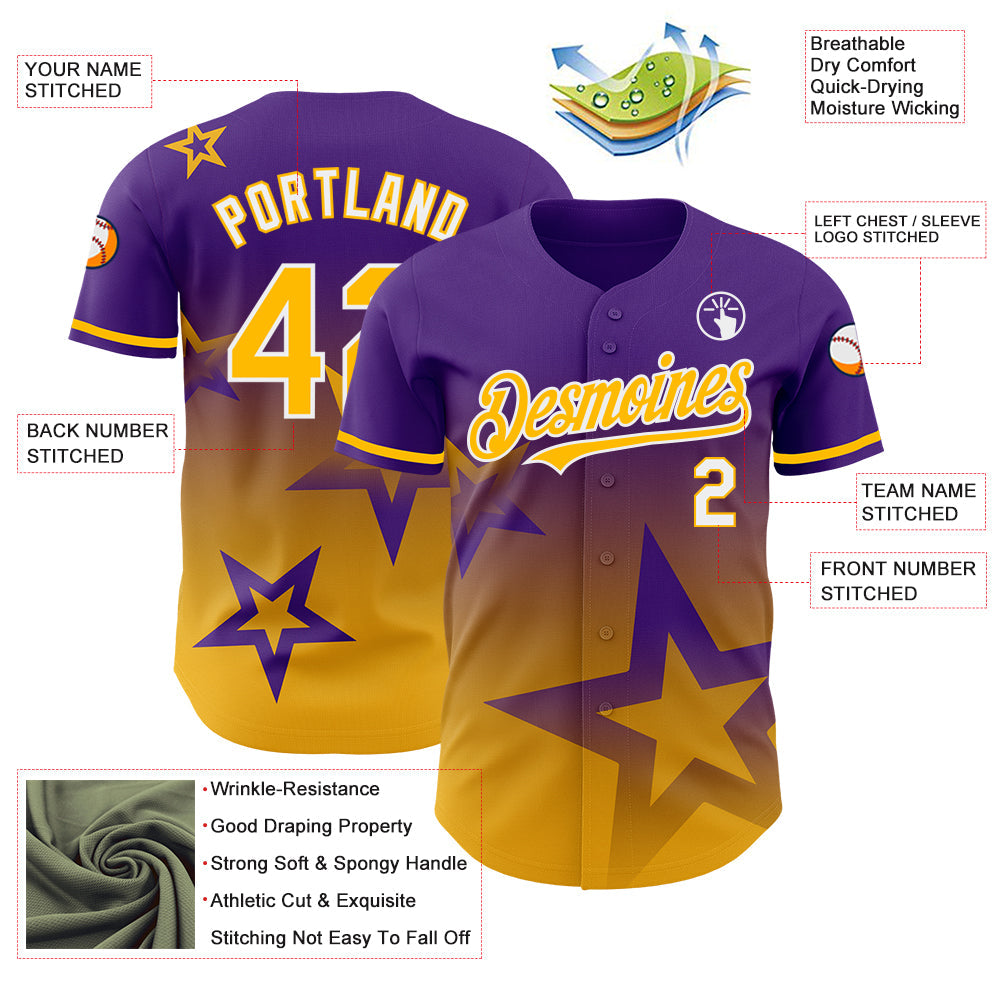 Custom Purple Gold-White 3D Pattern Design Gradient Style Twinkle Star Authentic Baseball Jersey