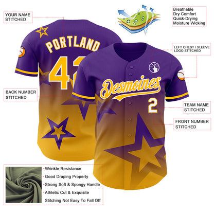Custom Purple Gold-White 3D Pattern Design Gradient Style Twinkle Star Authentic Baseball Jersey