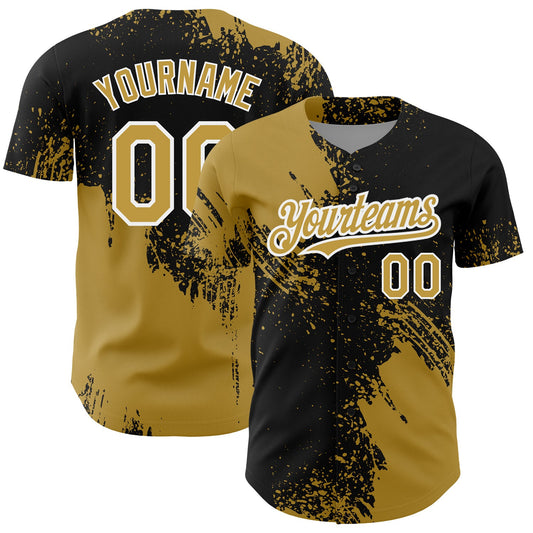 Custom Old Gold Black-White 3D Pattern Design Abstract Brush Stroke Authentic Baseball Jersey