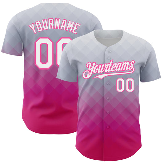 Custom Gray White-Pink 3D Pattern Design Gradient Square Shape Authentic Baseball Jersey
