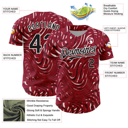 Custom Crimson Black-White 3D Pattern Design Abstract Fluid Authentic Baseball Jersey