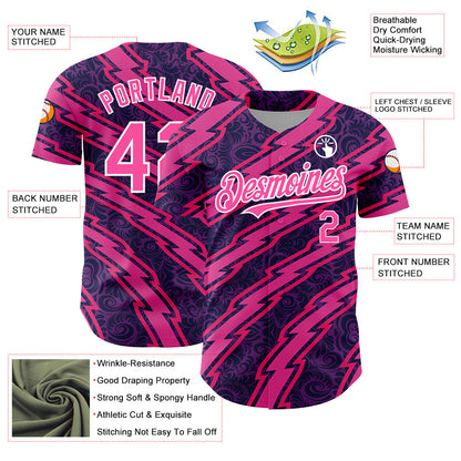 Custom Purple Pink-White 3D Pattern Design Zigzag Authentic Baseball Jersey