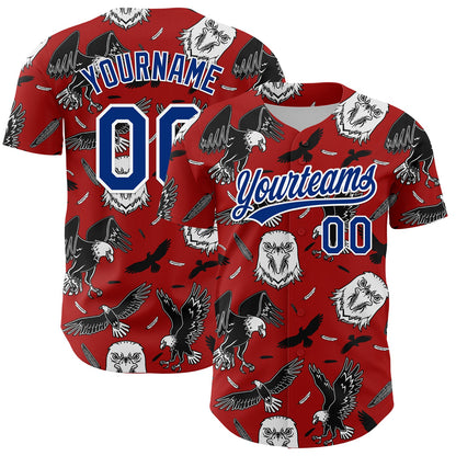Custom Red Royal-White 3D Pattern Design American Eagle Authentic Baseball Jersey