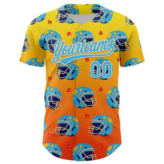 Custom Light Yellow Sky Blue Orange-Cream 3D Pattern Design Flame Football Helmet Authentic Baseball Jersey
